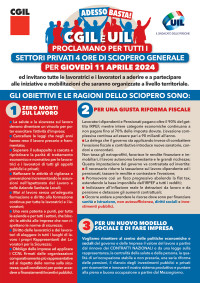 Cgil e Uil, giovedì 11 aprile sciopero generale 